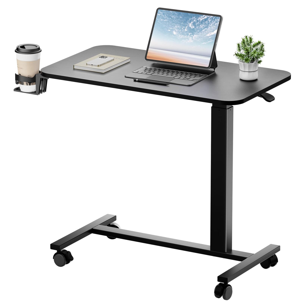 GTPLAYER Small Standing Desk with Wheels, Pneumatic Mobile Rolling Laptop Desk, Adjustable Height Overbed Bedside Table Computer Workstation for Home Office (28" W x 16" D, White)