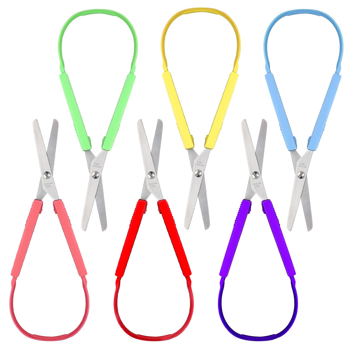 6 Pcs Loop Scissors for Teens and Adults 8" Adaptive Design Scissor Colorful Handle Self-opening Safety Scissors Looped Adaptive Cutting Support Special Needs for Children and Adults Daily DIY Craft