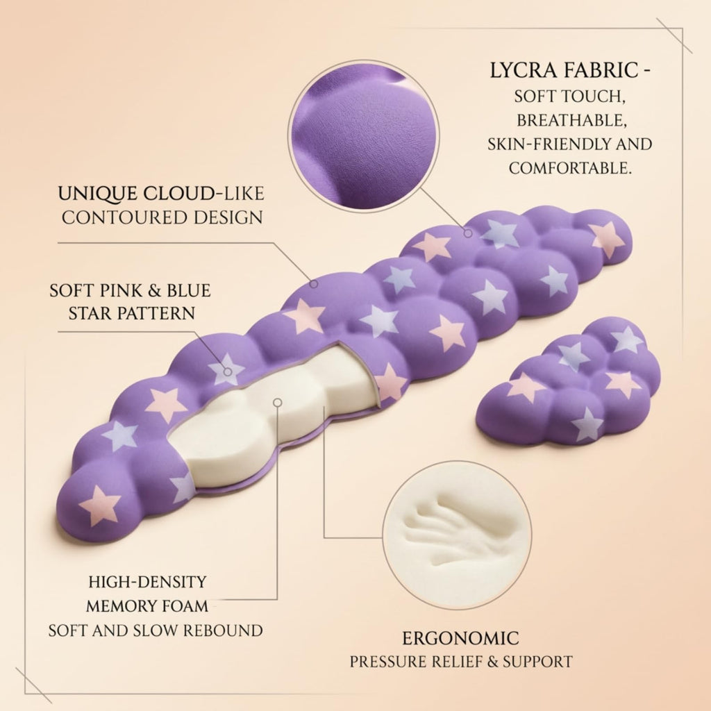 Silky Cloud Wrist Rest Set for Keyboard & Mouse, 16.9", Purple Star | Memory Foam Arm Rest with Ergonomic Support Fits Full Keyboards and Reduces Typing Fatigue for Office, Gaming and Home Use