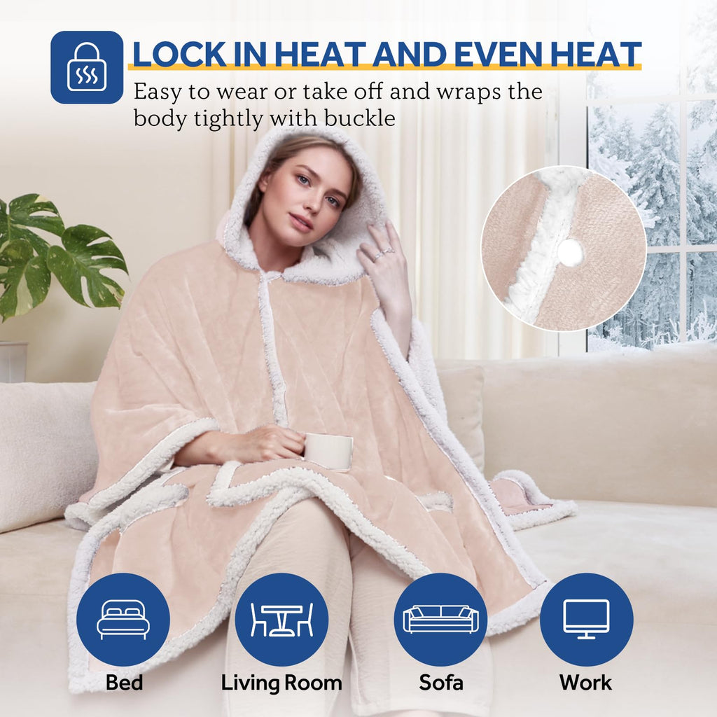 Sealy Heated Throw Wearable Shawl Wrap with Pockets, Reversible Flannel to Sherpa Electric Blanket Hoodie Poncho with 6 Heating Levels & 2-10 Hours Time Settings, 50 X 60 Inch, Pink