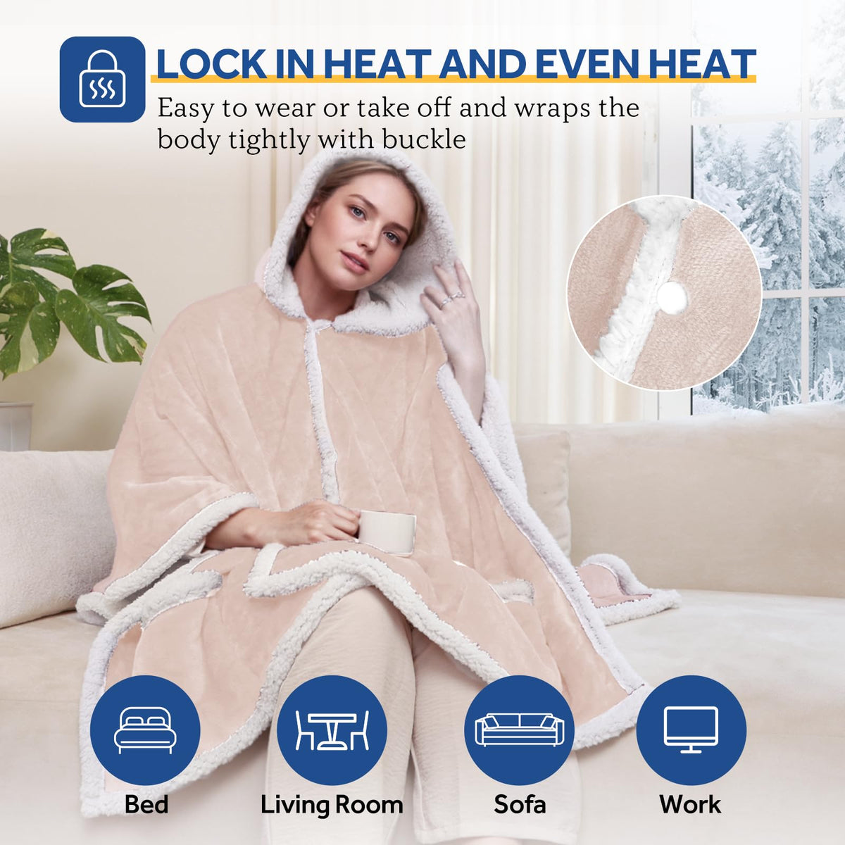 Sealy Heated Throw Wearable Shawl Wrap with Pockets, Reversible Flannel to Sherpa Electric Blanket Hoodie Poncho with 6 Heating Levels & 2-10 Hours Time Settings, 50 X 60 Inch, Pink