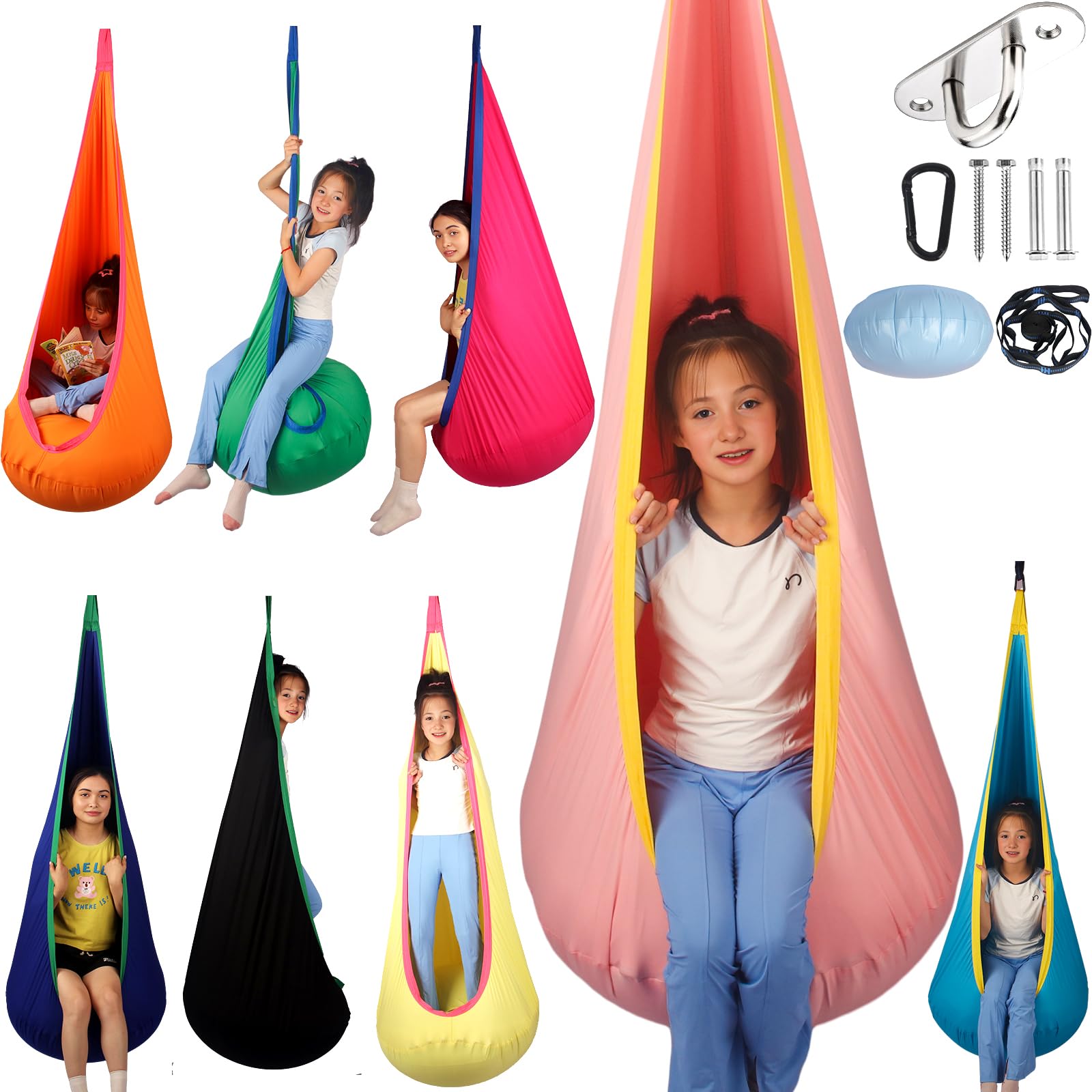 Sensory Pod Swing for Kids | Hammock Chair Seat, Inflatable Cushion, Includes Hardware Hanger Kit for Aspergers Autism ADHD