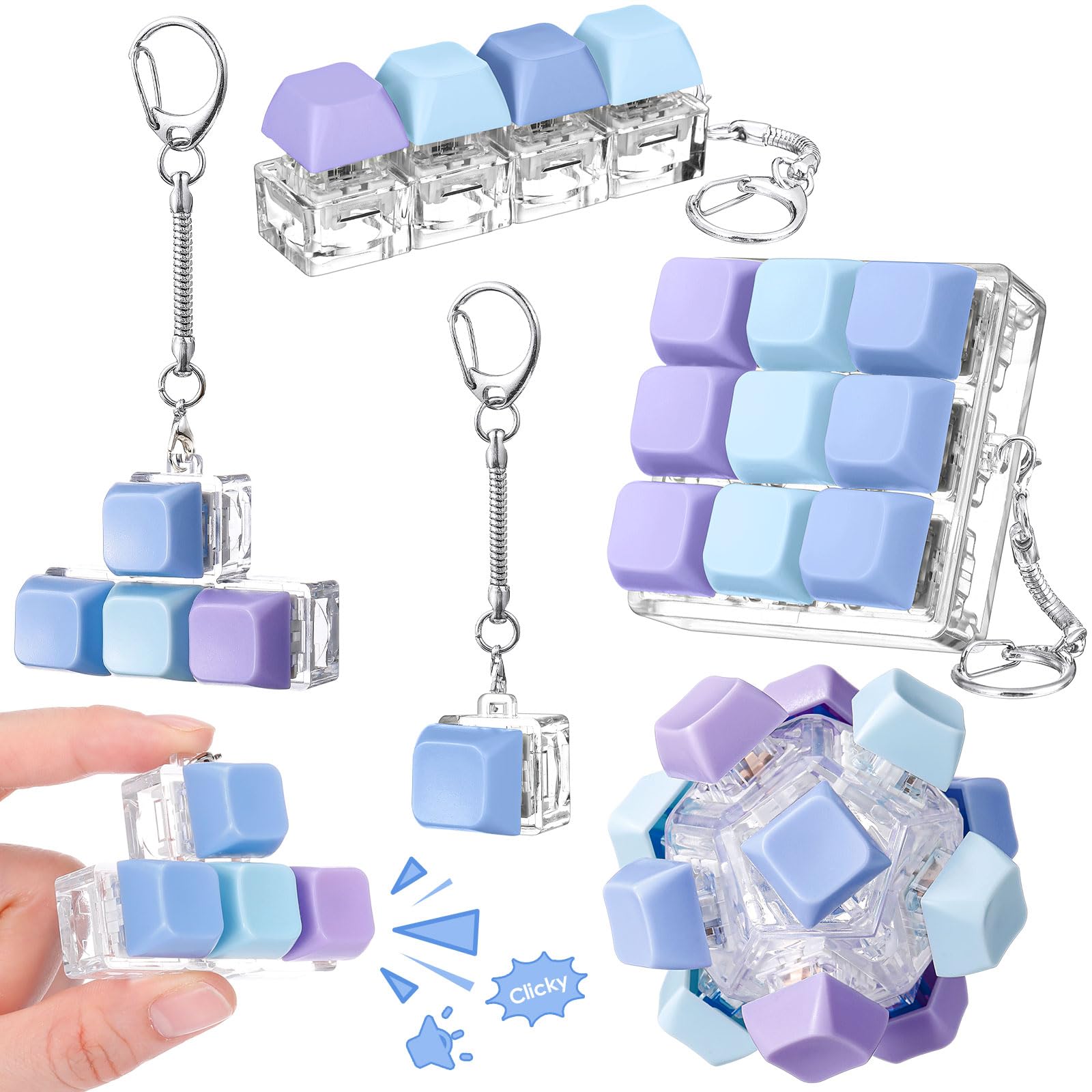 Halloscume 5 Pcs Keyboard Fidget Clicker Keychains in 5 Styles, Back to School Gift Fidget Mechanical Button Clicker Stress Relief Gift for First Day of School Office Home(Blue Purple)