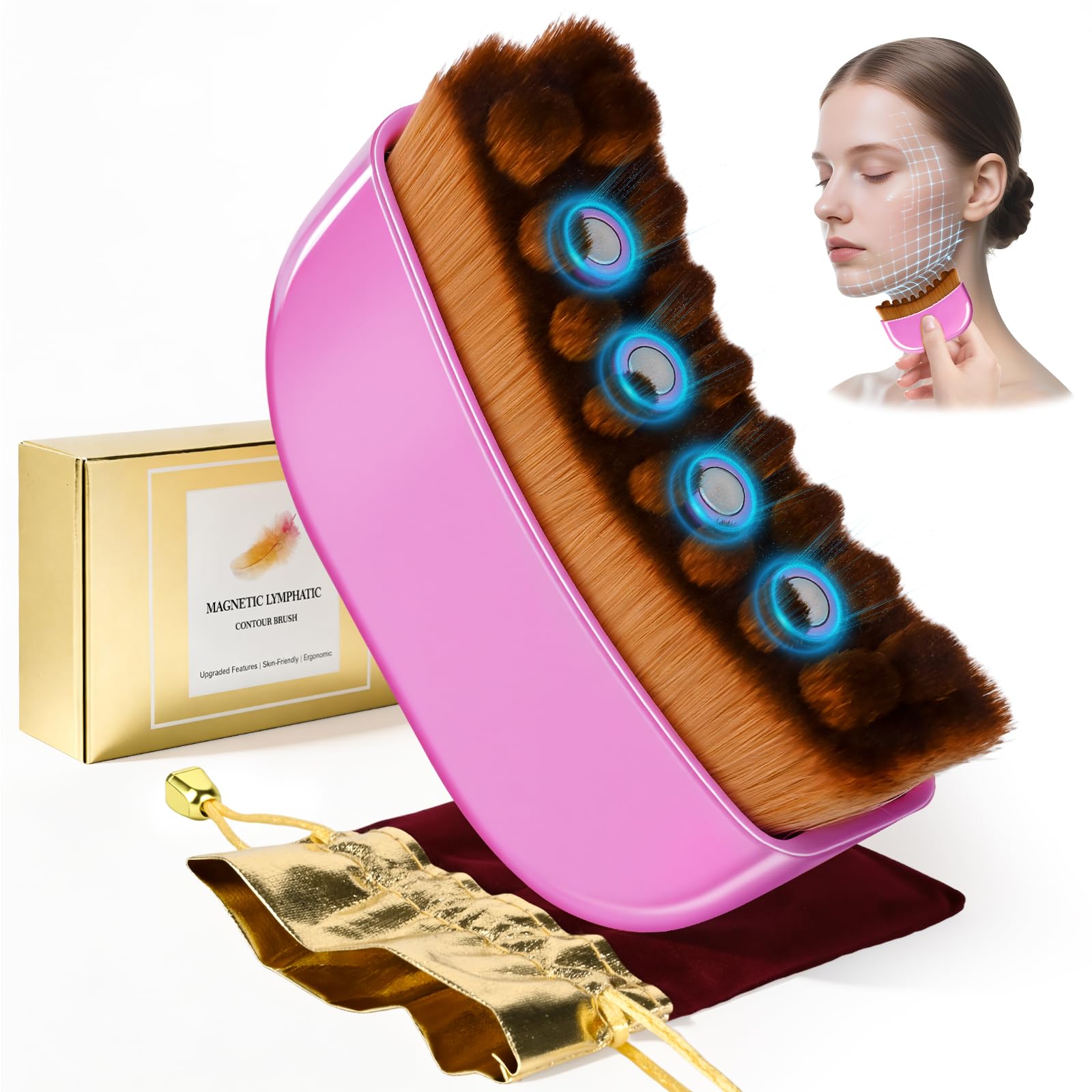 Magnetic Lymphatic Contour Face Brush – 2-in-1 Facial Sculpting Tool with 3000 Gauss Static Magnets – Soft Natural Bristles for De-Puffing, Jawline Defining and Daily Skincare (1, Purple)