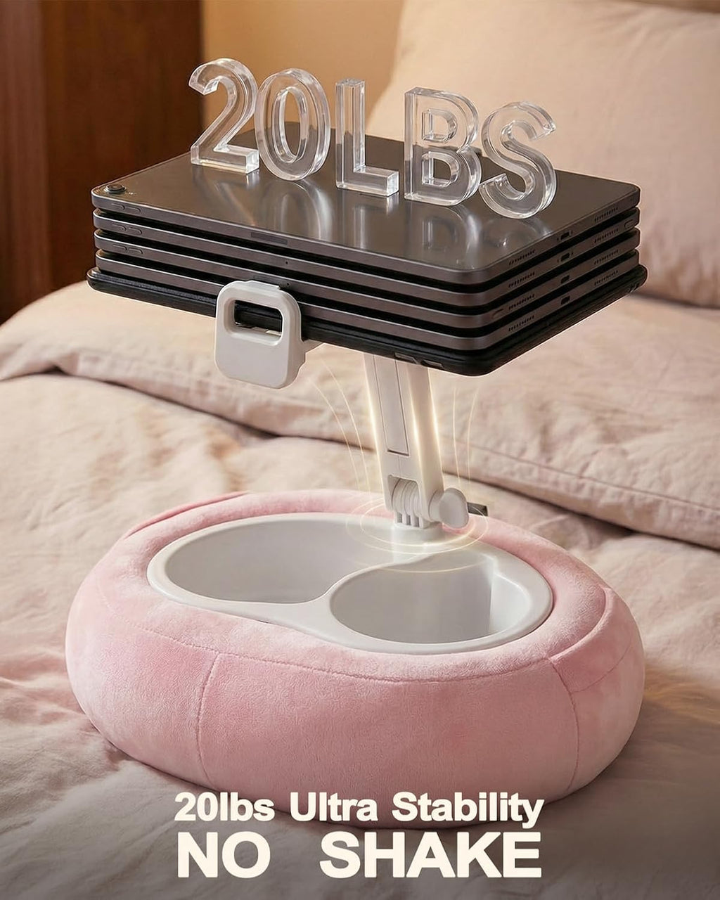 Miledi Tablet Pillow Stand for Bed with 360° Rotating Holder, Pink | Compatible with Kindle, iPad, Phone and Tablet 5" to 12.9", Soft Plush Fabric, with 2 Snack Bowls, for Reading and Relaxing