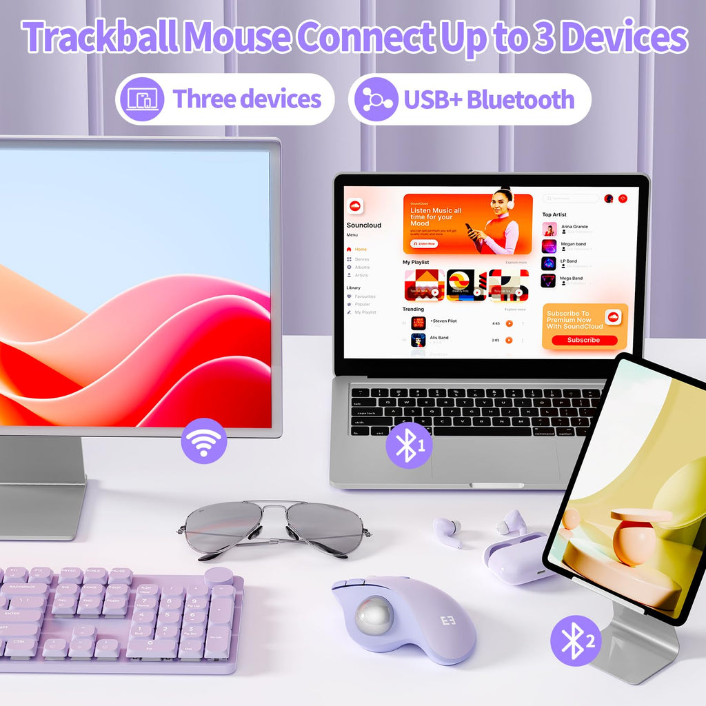 seenda Wireless Trackball Mouse, Ergonomic Bluetooth Rollerball Mouse Rechargeable, 3 Device Connection Optical Mice Adjustable DPI Thumb Control Mice Compatible for PC/Laptop/Windows/Mac - Pink