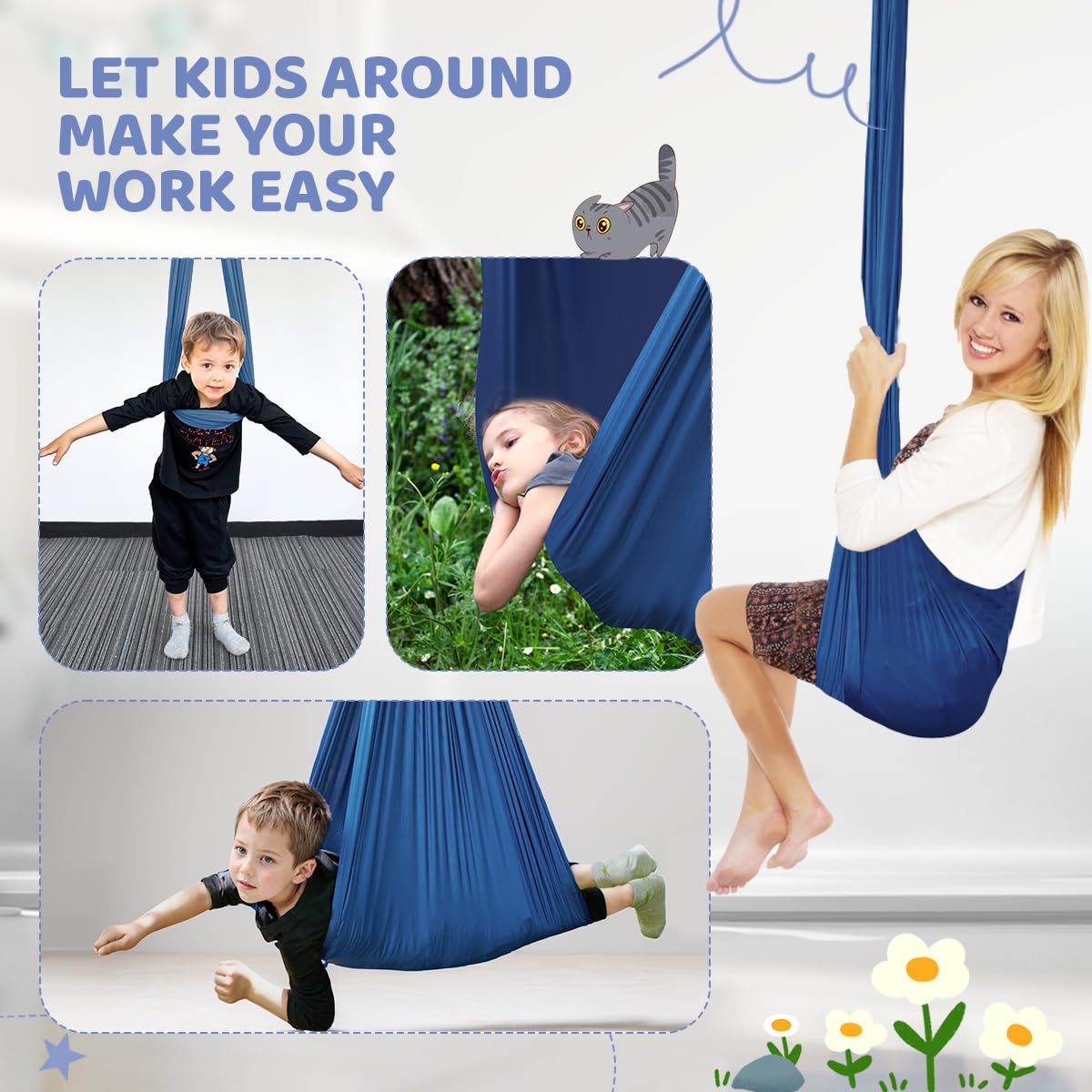 Aokitec Sensory Swing for Kids with Special Needs, Indoor Kids Swing Cuddle Hammock Chair Adjustable Aerial Swing for Children with Autism, ADHD, Asperger, Sensory Integration(Blue)