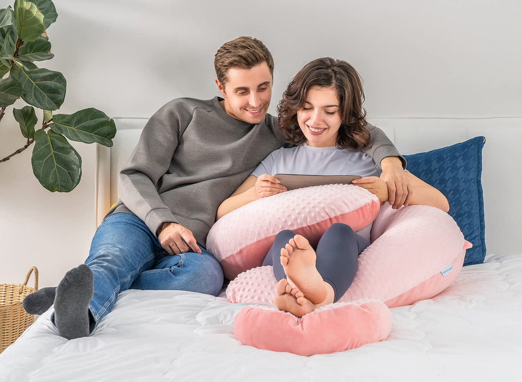 QUEEN ROSE Cooling Pregnancy Pillows, E Shaped Maternity Pillow for Sleeping, with Extra Wedge Pillow for Belly Support, 60 Inch Full Body Pillow, Pink