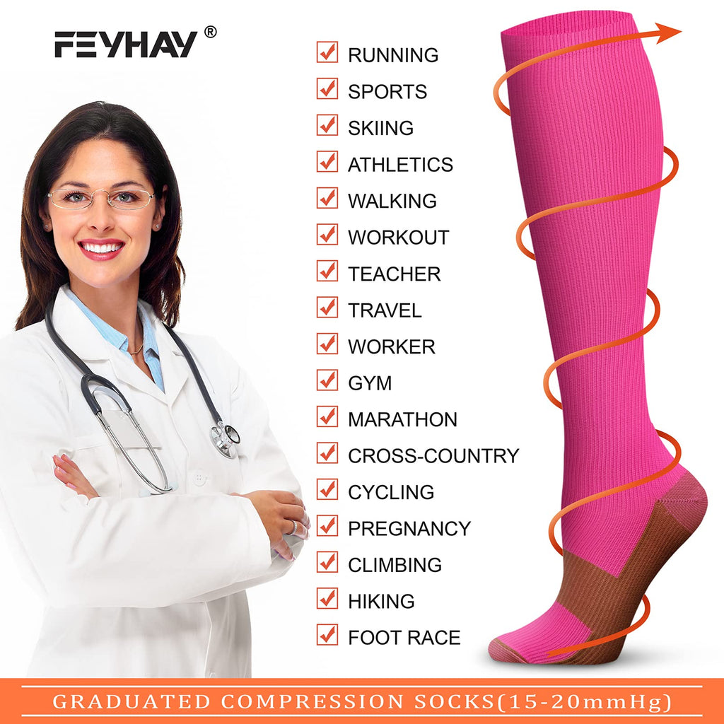 FEYHAY Copper Compression Socks (8 Pairs) 15-20 mmHg Circulation is Best Athletic & Daily for Men & Women, Running, Climbing