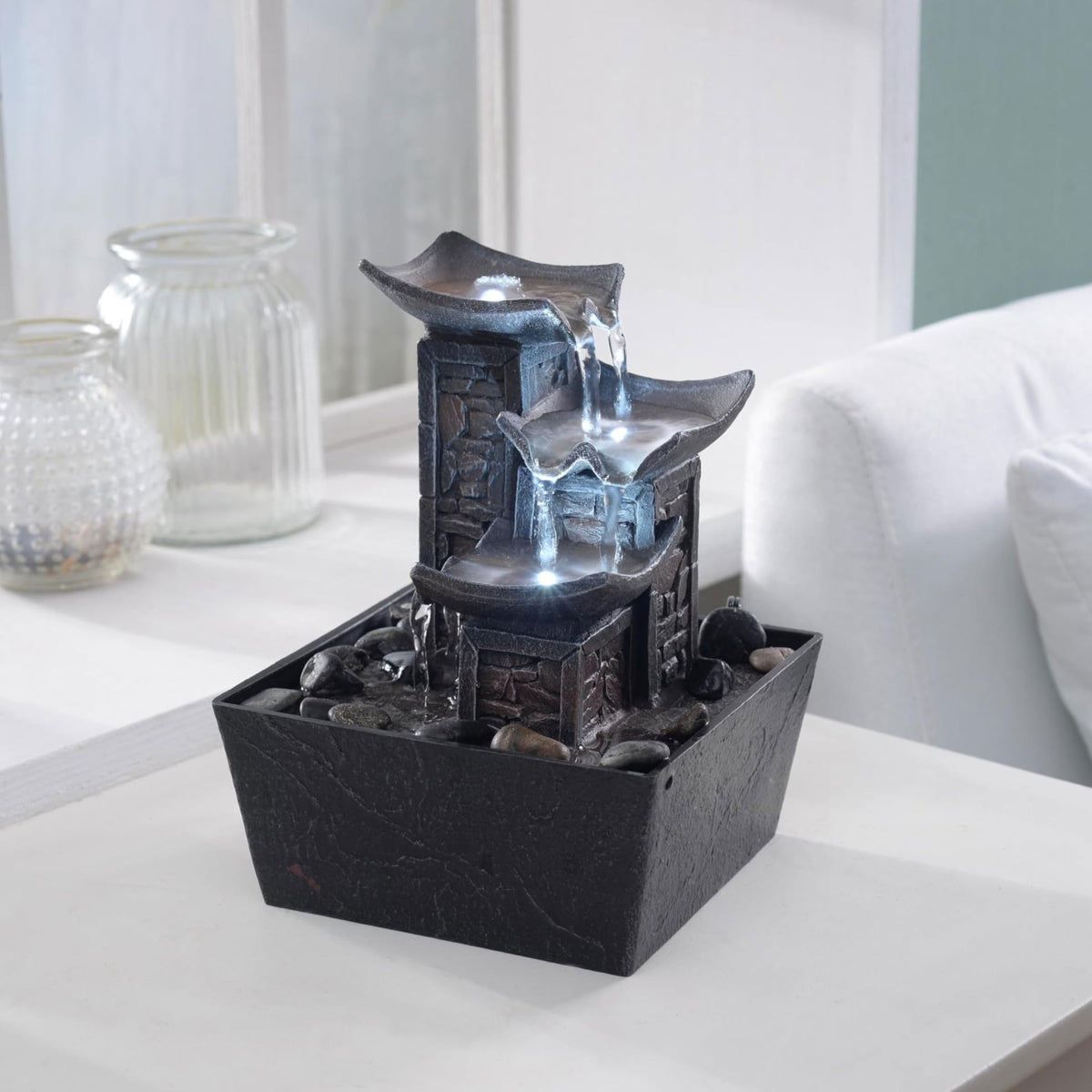 Tabletop Indoor Water Fountain – 3-Tier Rock Waterfall Fountain with Warm LED Light and DIY Planting Pot – Relaxing Small Water Feature for Desk or Home Decor (23061)