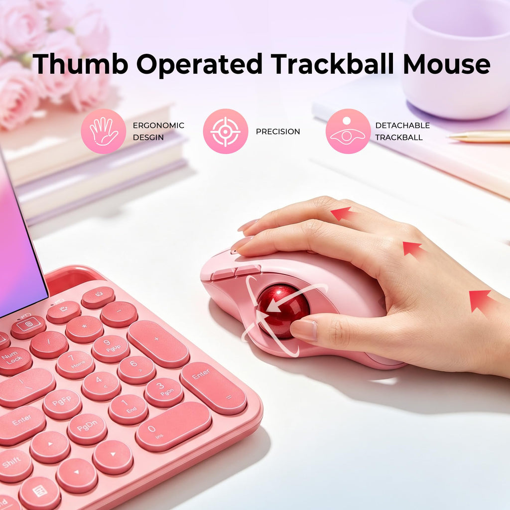 seenda Wireless Trackball Mouse, Ergonomic Bluetooth Rollerball Mouse Rechargeable, 3 Device Connection Optical Mice Adjustable DPI Thumb Control Mice Compatible for PC/Laptop/Windows/Mac - Pink