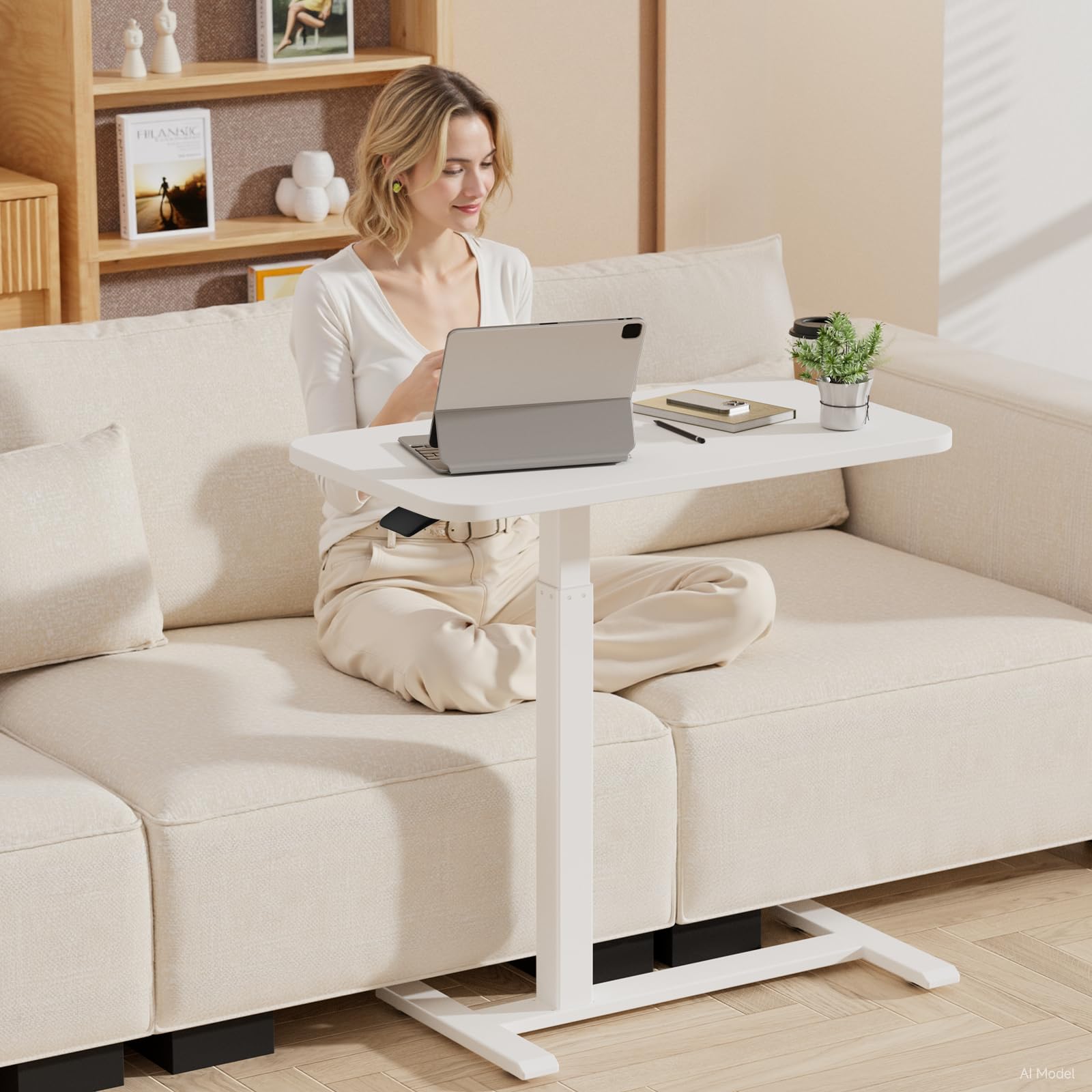 GTPLAYER Small Standing Desk with Wheels, Pneumatic Mobile Rolling Laptop Desk, Adjustable Height Overbed Bedside Table Computer Workstation for Home Office (28" W x 16" D, White)