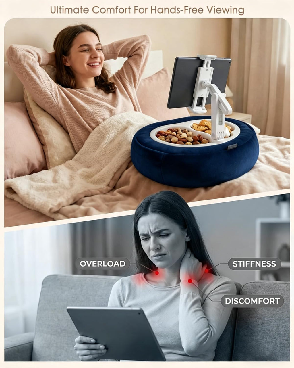 Miledi Tablet Pillow Stand for Bed with 360° Rotating Holder, Pink | Compatible with Kindle, iPad, Phone and Tablet 5" to 12.9", Soft Plush Fabric, with 2 Snack Bowls, for Reading and Relaxing