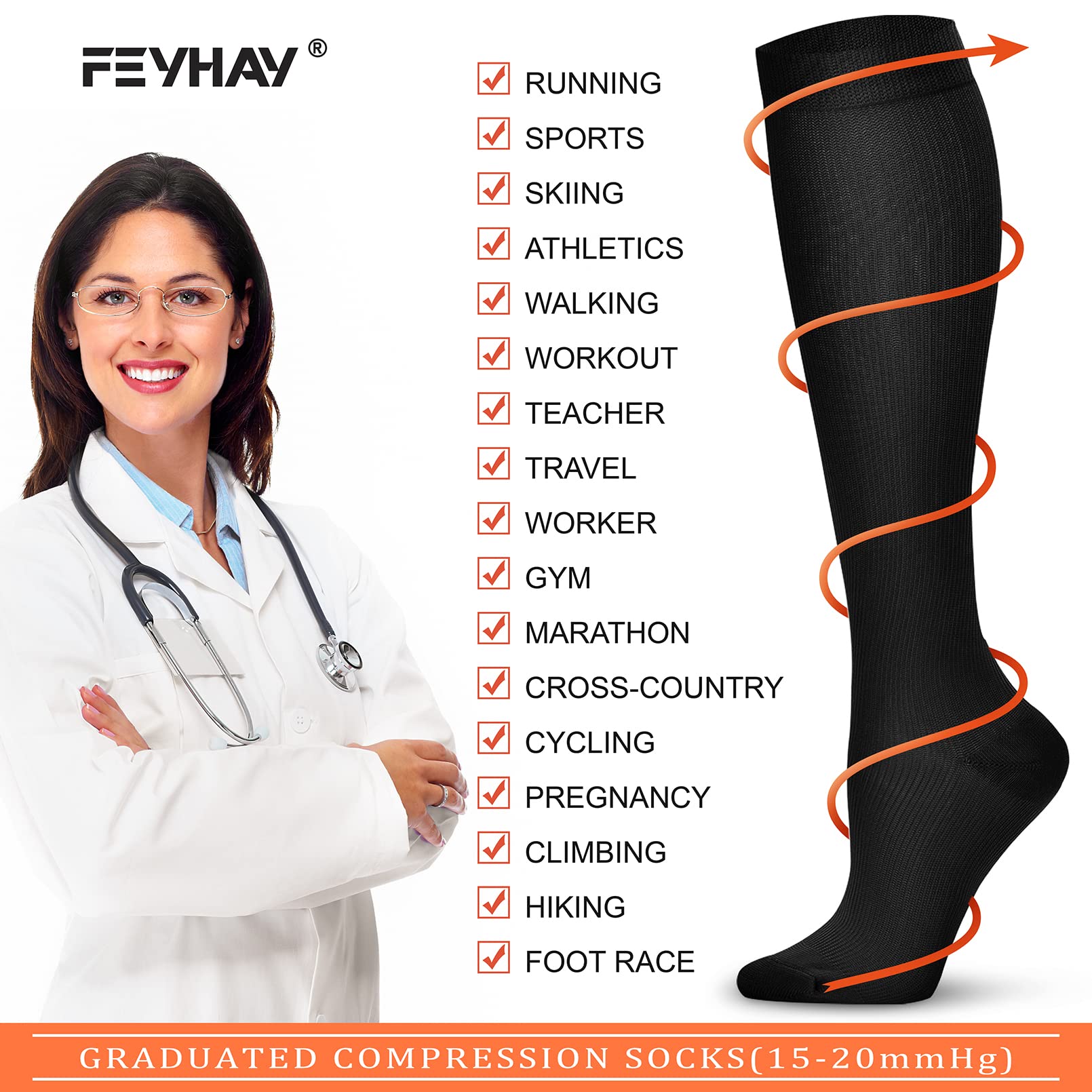 FEYHAY Copper Compression Socks (8 Pairs) 15-20 mmHg Circulation is Best Athletic & Daily for Men & Women, Running, Climbing