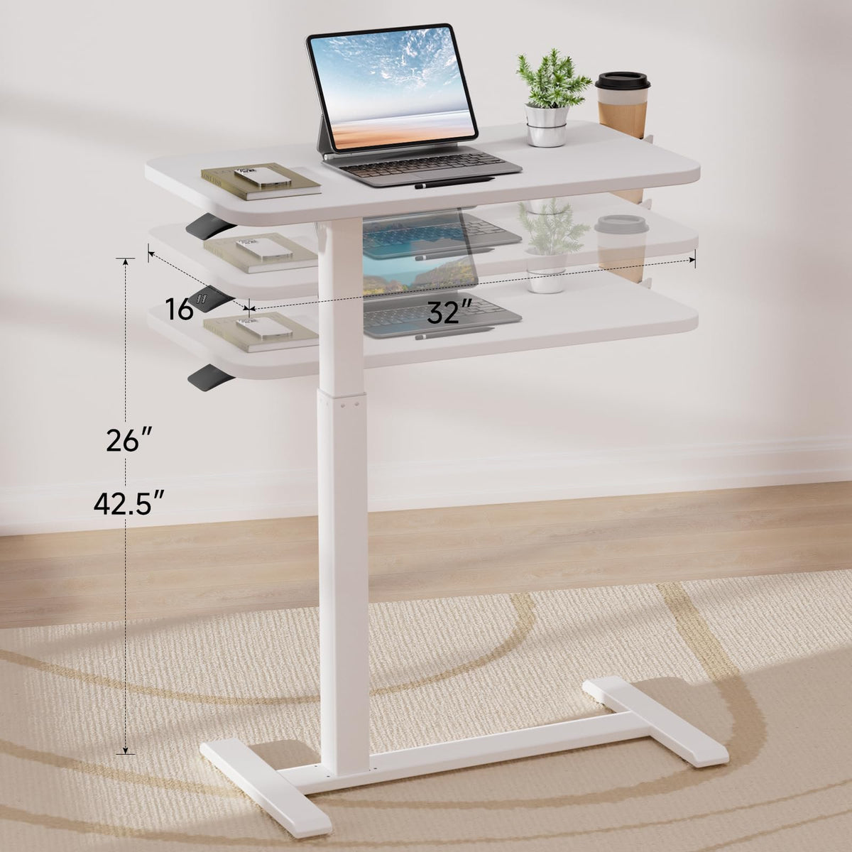 GTPLAYER Small Standing Desk with Wheels, Pneumatic Mobile Rolling Laptop Desk, Adjustable Height Overbed Bedside Table Computer Workstation for Home Office (28" W x 16" D, White)