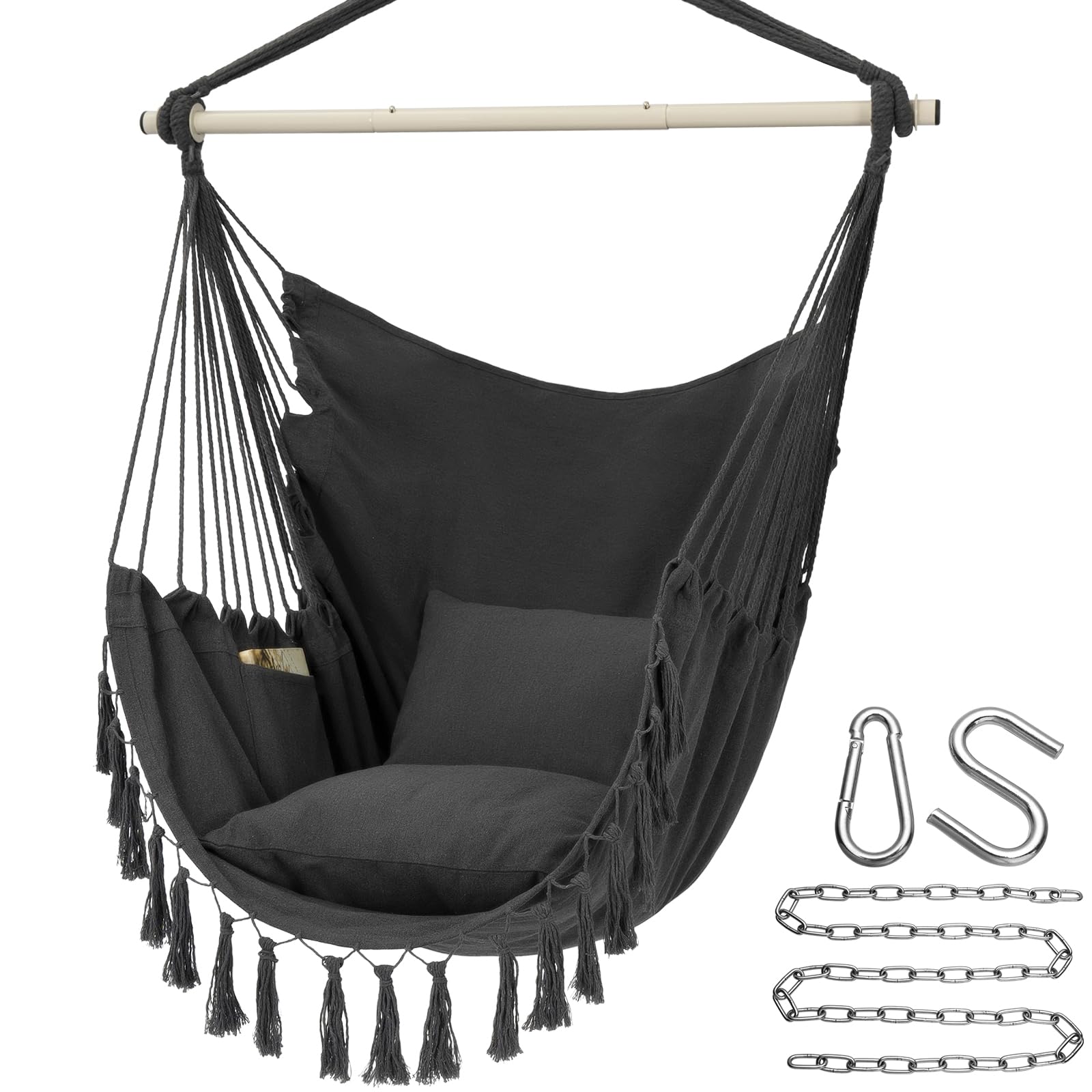 Y- STOP Hammock Chair Hanging Rope Swing Chair, Max 500 Lbs, 2 Seat Cushions Included, Removable Steel Spreader Bar with Anti-Slip Rings, Hardware kit-for Indoor Outdoor(Dark Grey)