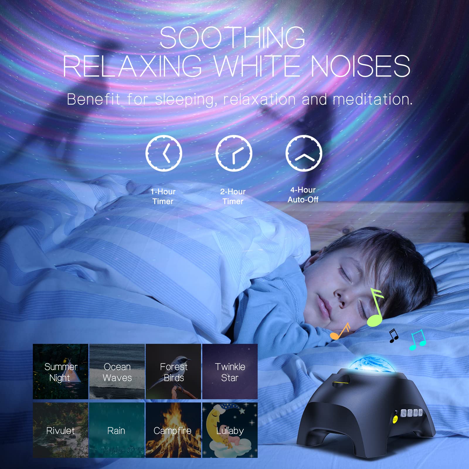 Northern Galaxy Light Aurora Projector with 33 Light Effects, Night Lights LED Star Projector for Bedroom Nebula Lamp, Remote Control, White Noises, Bluetooth Speaker for Parties Black