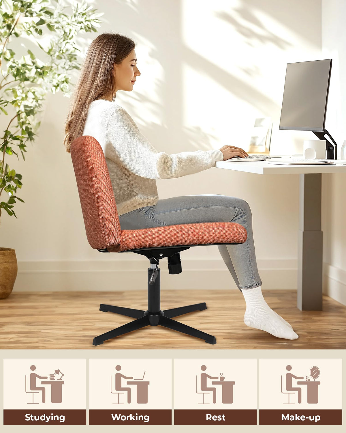 NEO CHAIR Criss Cross Chair with Wheels Home Office Cross Legged Armless Chairs Adjustable Computer Desk Wide Seat for Bedroom Vanity Comfy Swivel (Teddy White)