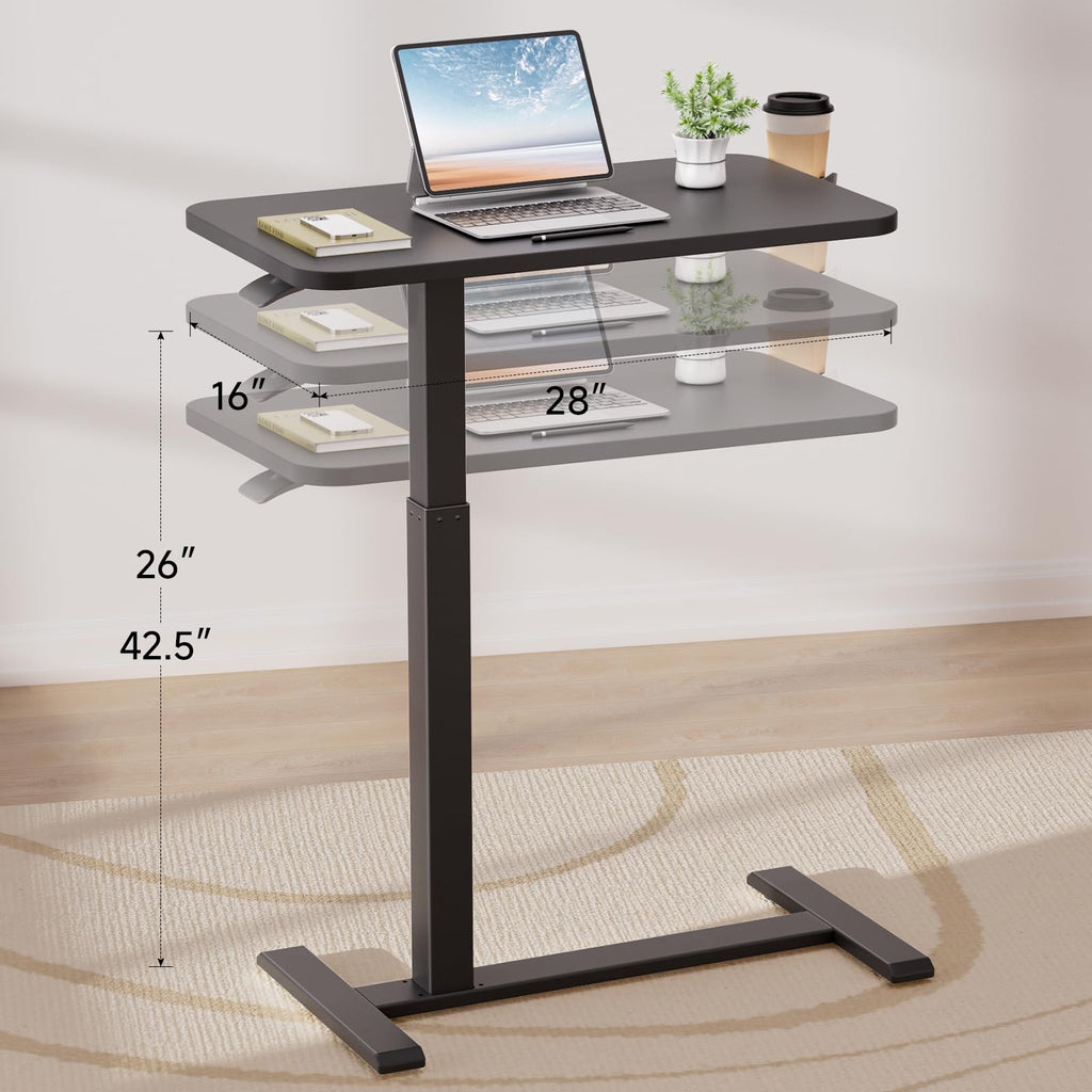 GTPLAYER Small Standing Desk with Wheels, Pneumatic Mobile Rolling Laptop Desk, Adjustable Height Overbed Bedside Table Computer Workstation for Home Office (28" W x 16" D, White)