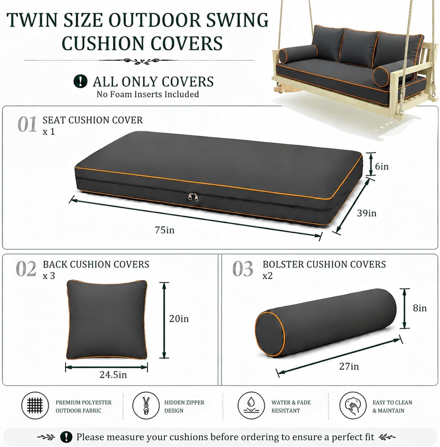 Twin Size Outdoor Daybed Swing Cushion Cover,Patio Porch Twin Mattress Bolster Pillow Fitted Sheet Cover Waterproof for Outdoor Hanging Porch Swing Bed (6, Dark Gray-White Piping)