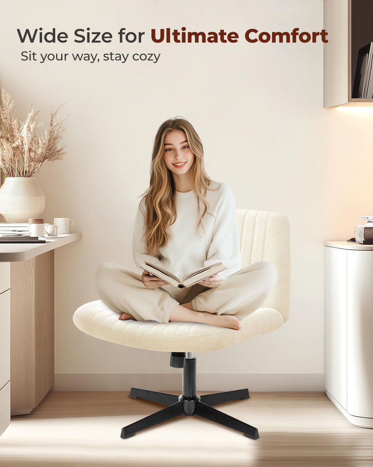NEO CHAIR Criss Cross Chair with Wheels Home Office Cross Legged Armless Chairs Adjustable Computer Desk Wide Seat for Bedroom Vanity Comfy Swivel (Teddy White)