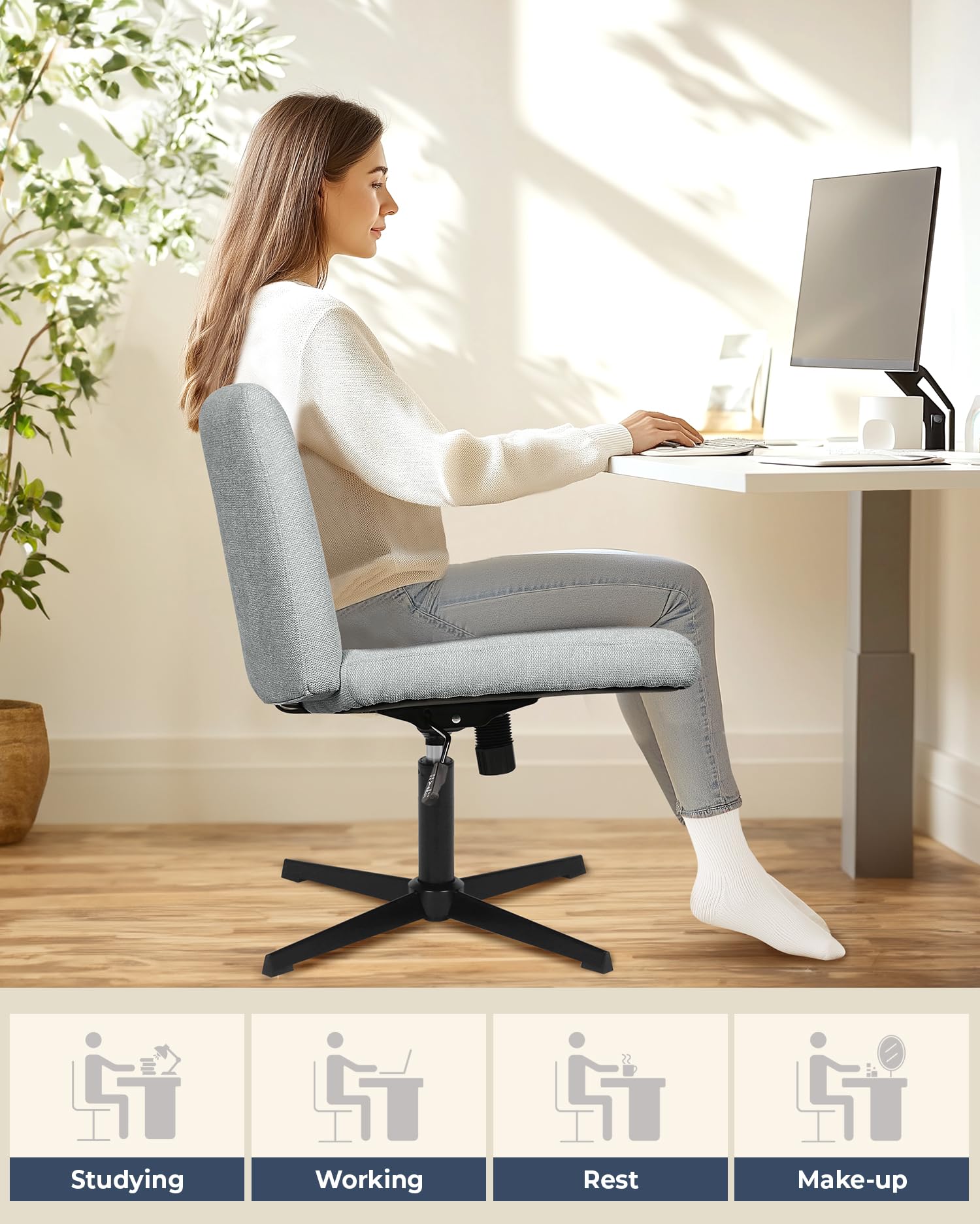 NEO CHAIR Criss Cross Chair with Wheels Home Office Cross Legged Armless Chairs Adjustable Computer Desk Wide Seat for Bedroom Vanity Comfy Swivel (Teddy White)