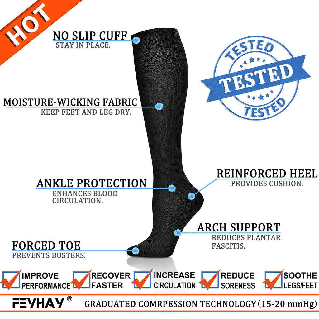 FEYHAY Copper Compression Socks (8 Pairs) 15-20 mmHg Circulation is Best Athletic & Daily for Men & Women, Running, Climbing