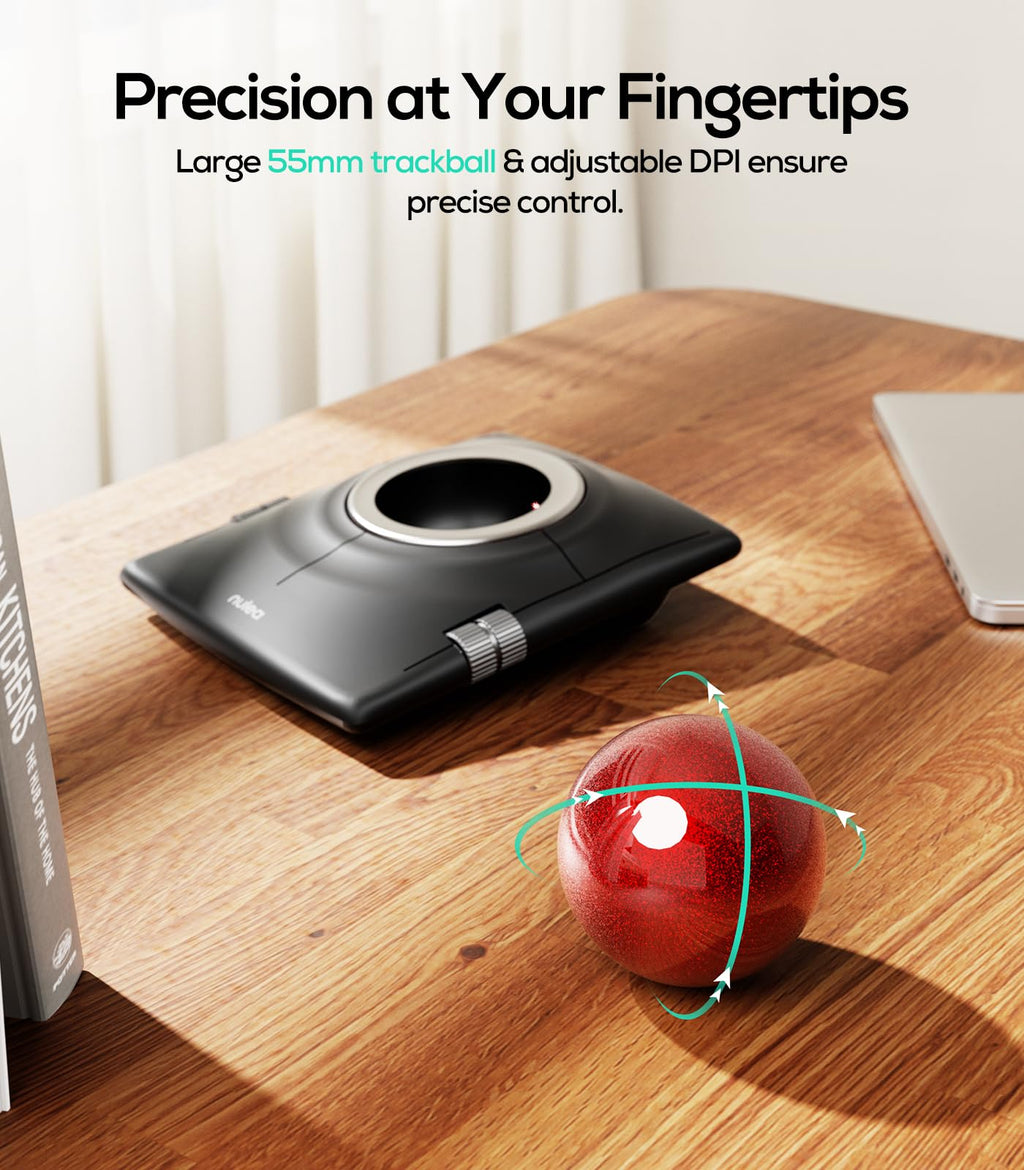 Nulea Wireless Trackball Mouse, Ergonomic 55mm Trackball, 4 Level Adjustable DPI for Precise Control, Left or Right Hand Compatible, Rechargeable, Multi-Device Bluetooth & 2.4GHz for PC, Laptop
