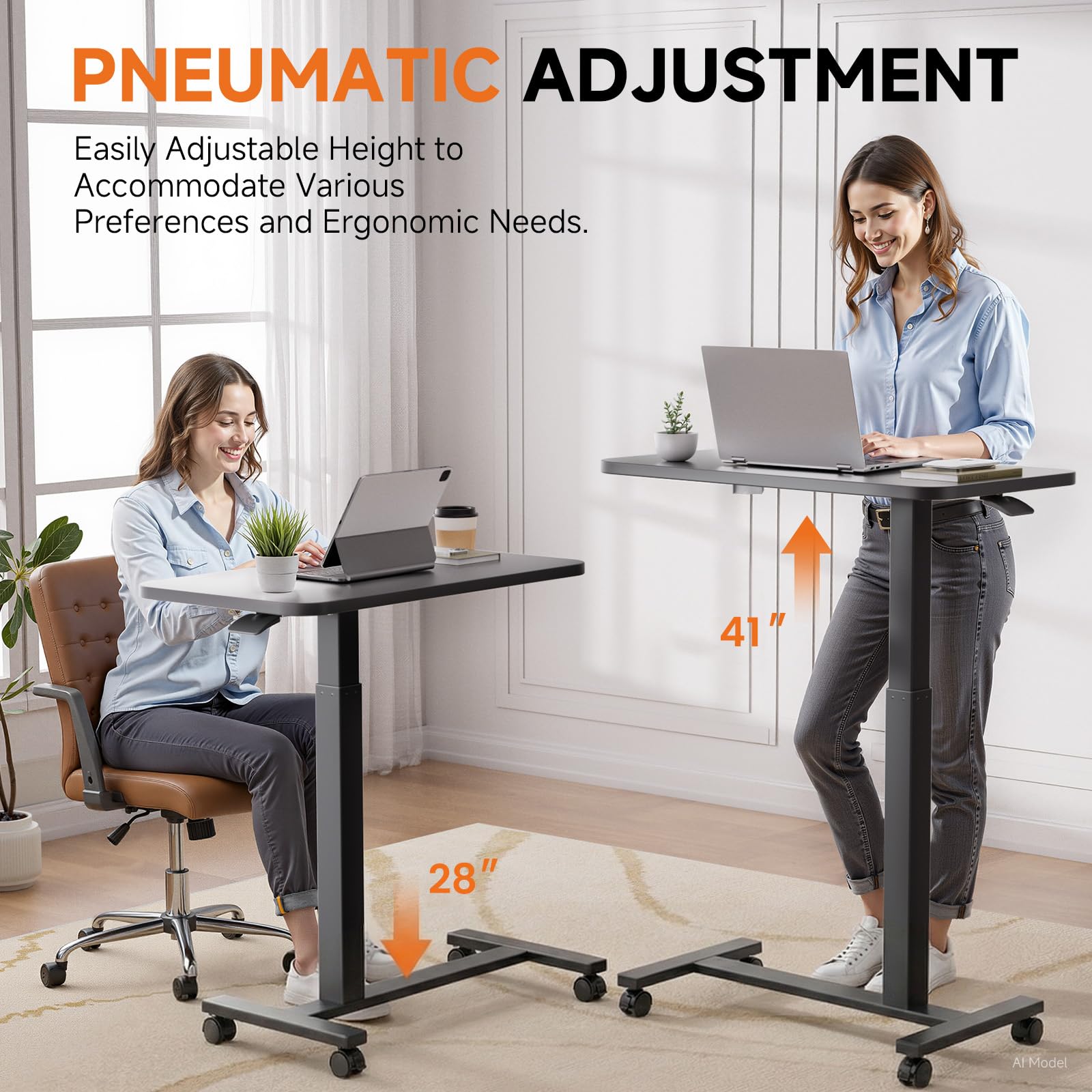 GTPLAYER Small Standing Desk with Wheels, Pneumatic Mobile Rolling Laptop Desk, Adjustable Height Overbed Bedside Table Computer Workstation for Home Office (28" W x 16" D, White)