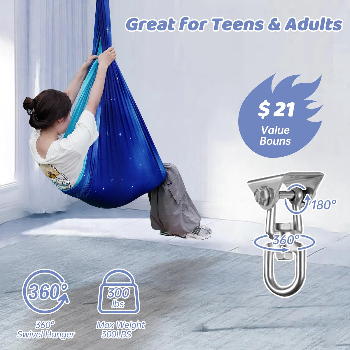 Aokitec Sensory Swing for Kids with Special Needs, Indoor Kids Swing Cuddle Hammock Chair Adjustable Aerial Swing for Children with Autism, ADHD, Asperger, Sensory Integration(Blue)