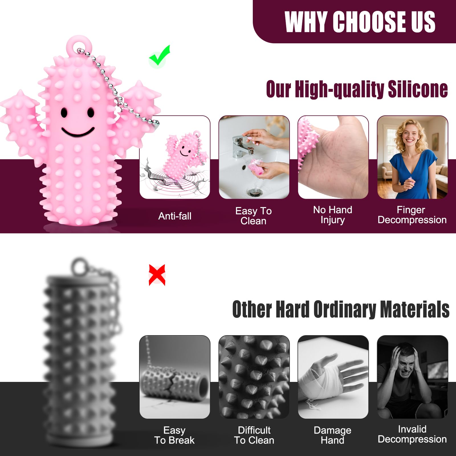 2Pcs Little Ouchies Pain Fidget, Silicone Cactus Pain Stim Fidget Toy for Adults, Little Ouchies Grippie Spiky Stim Tool Keychain for Hard Spiky Sensory Toys Anxiety Relief Fun Gifts, Black