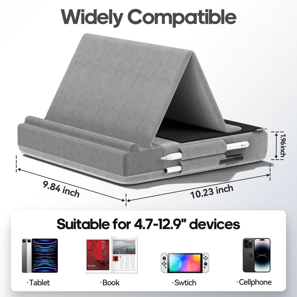KDD Tablet Pillow Stand, Multi-Angle Viewing Ipad Holder for Lap, Bed and Desk, Foldable Soft Pad Dock with Stylus Mount Compatible with Ipad Pro 12.9, 10.5, 11, Air, Mini, Phones, Books, E-Reader