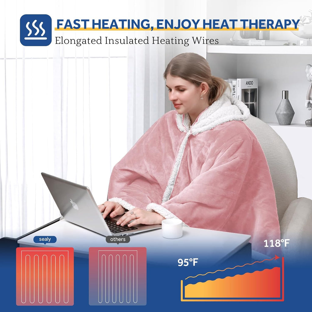 Sealy Heated Throw Wearable Shawl Wrap with Pockets, Reversible Flannel to Sherpa Electric Blanket Hoodie Poncho with 6 Heating Levels & 2-10 Hours Time Settings, 50 X 60 Inch, Pink