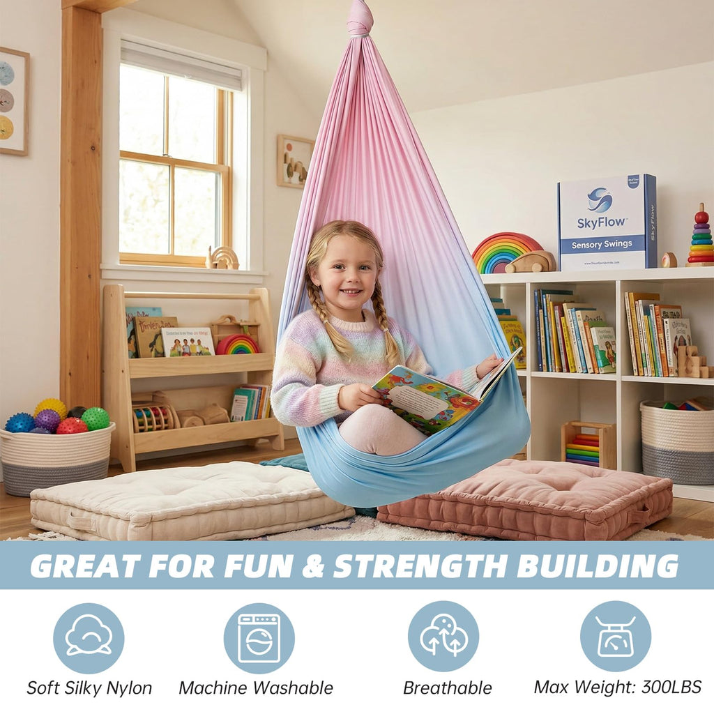 Aokitec Sensory Swing for Kids with Special Needs, Indoor Kids Swing Cuddle Hammock Chair Adjustable Aerial Swing for Children with Autism, ADHD, Asperger, Sensory Integration(Blue)