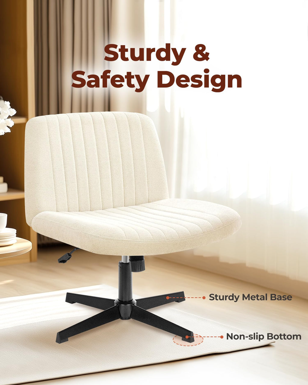 NEO CHAIR Criss Cross Chair with Wheels Home Office Cross Legged Armless Chairs Adjustable Computer Desk Wide Seat for Bedroom Vanity Comfy Swivel (Teddy White)
