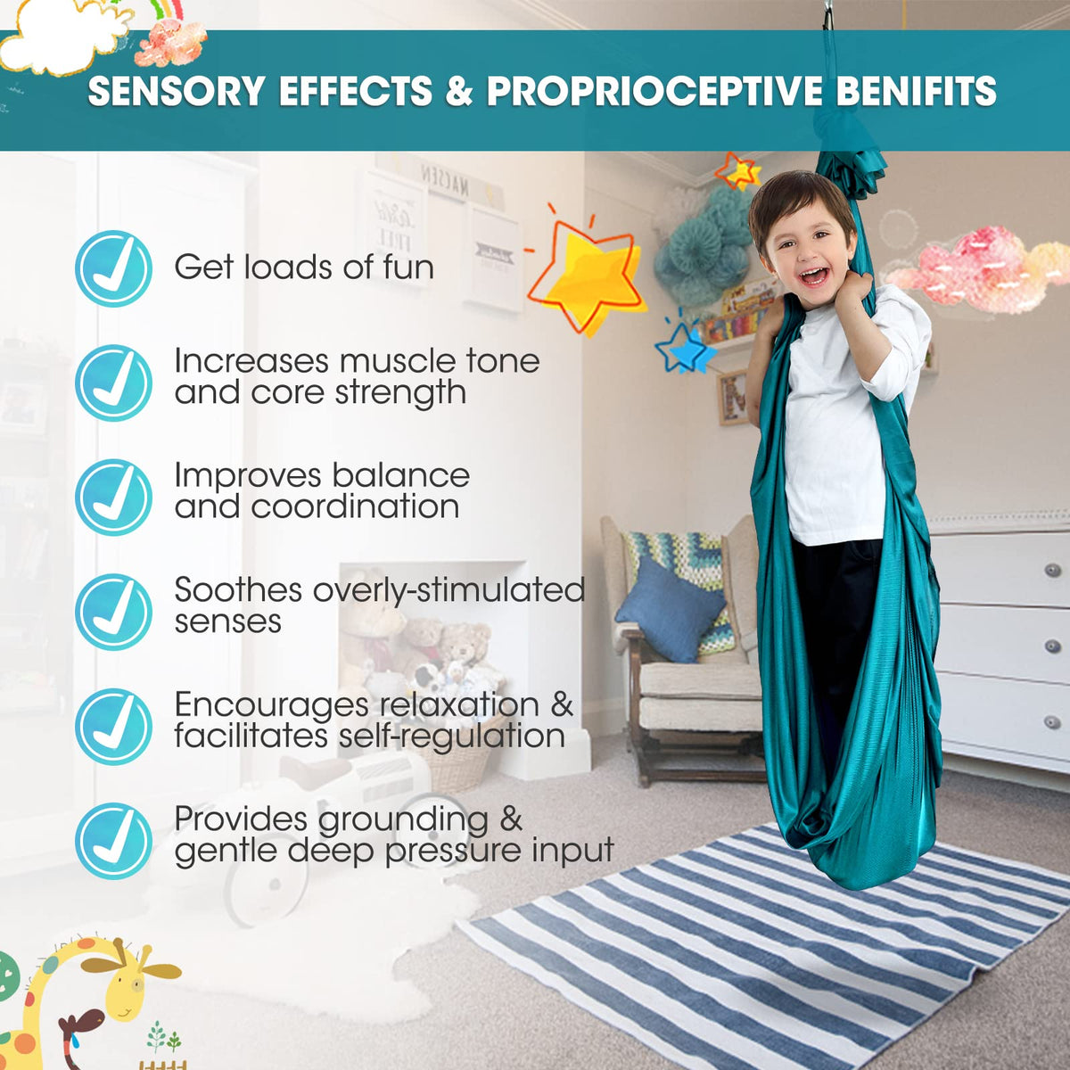 Aokitec Sensory Swing for Kids with Special Needs, Indoor Kids Swing Cuddle Hammock Chair Adjustable Aerial Swing for Children with Autism, ADHD, Asperger, Sensory Integration(Blue)