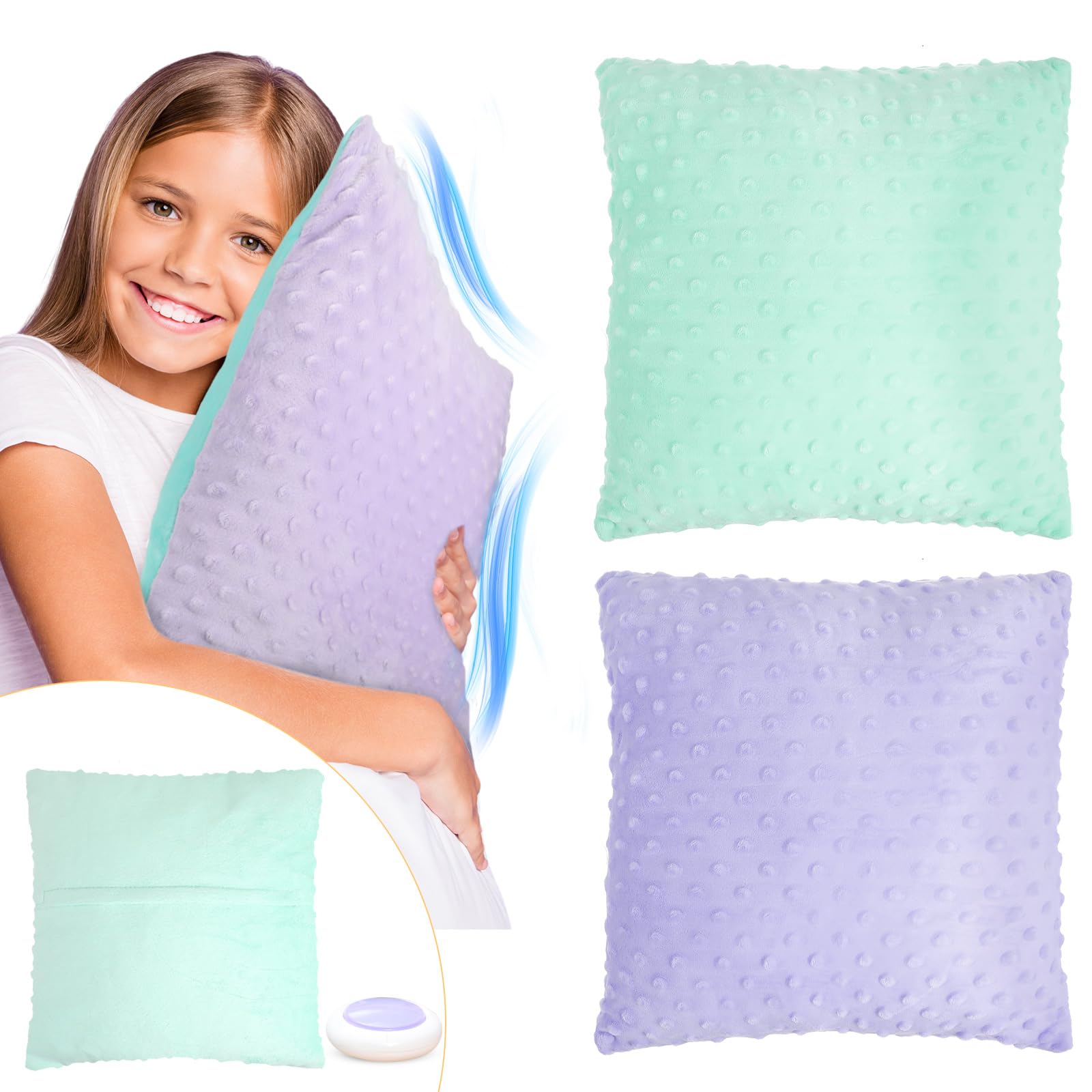 Kigley 2 Pack Vibrating Pillow Sensory Pillow for Kids Adults Pressure Activated 12 x 12 Massage with Textured Stimulation Bumps for Relieve Pain Stress Autistic Gifts for Home Travel(Violet, Teal)