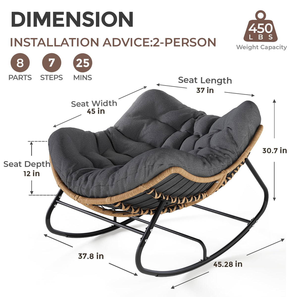 SWITTE Papasan Rocking Chair Outdoor, Oversized Patio Egg Chair with Thick Cushion, Indoor Wicker Lounge Rocker Bed for Balcony, Porch, Garden, Dark Gray
