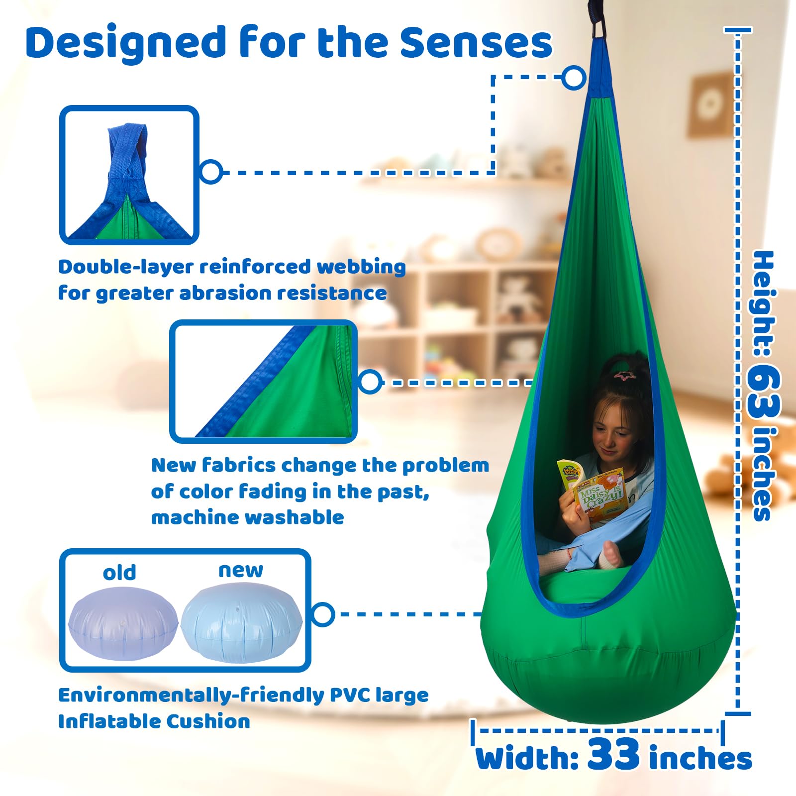 Sensory Pod Swing for Kids | Hammock Chair Seat, Inflatable Cushion, Includes Hardware Hanger Kit for Aspergers Autism ADHD