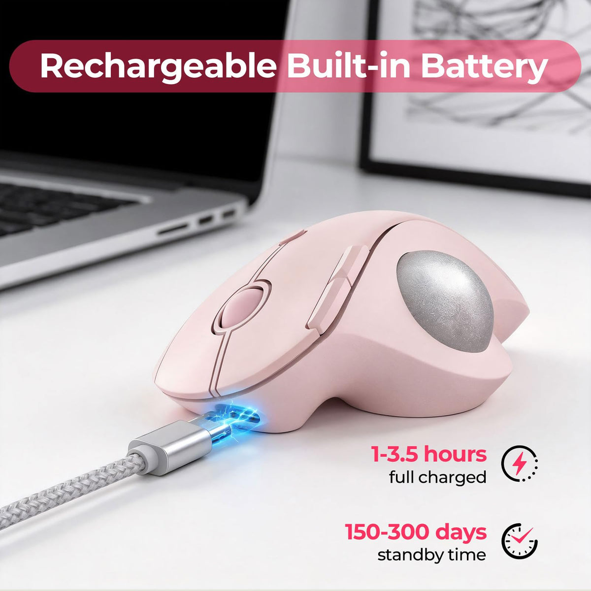 seenda Wireless Trackball Mouse, Ergonomic Bluetooth Rollerball Mouse Rechargeable, 3 Device Connection Optical Mice Adjustable DPI Thumb Control Mice Compatible for PC/Laptop/Windows/Mac - Pink