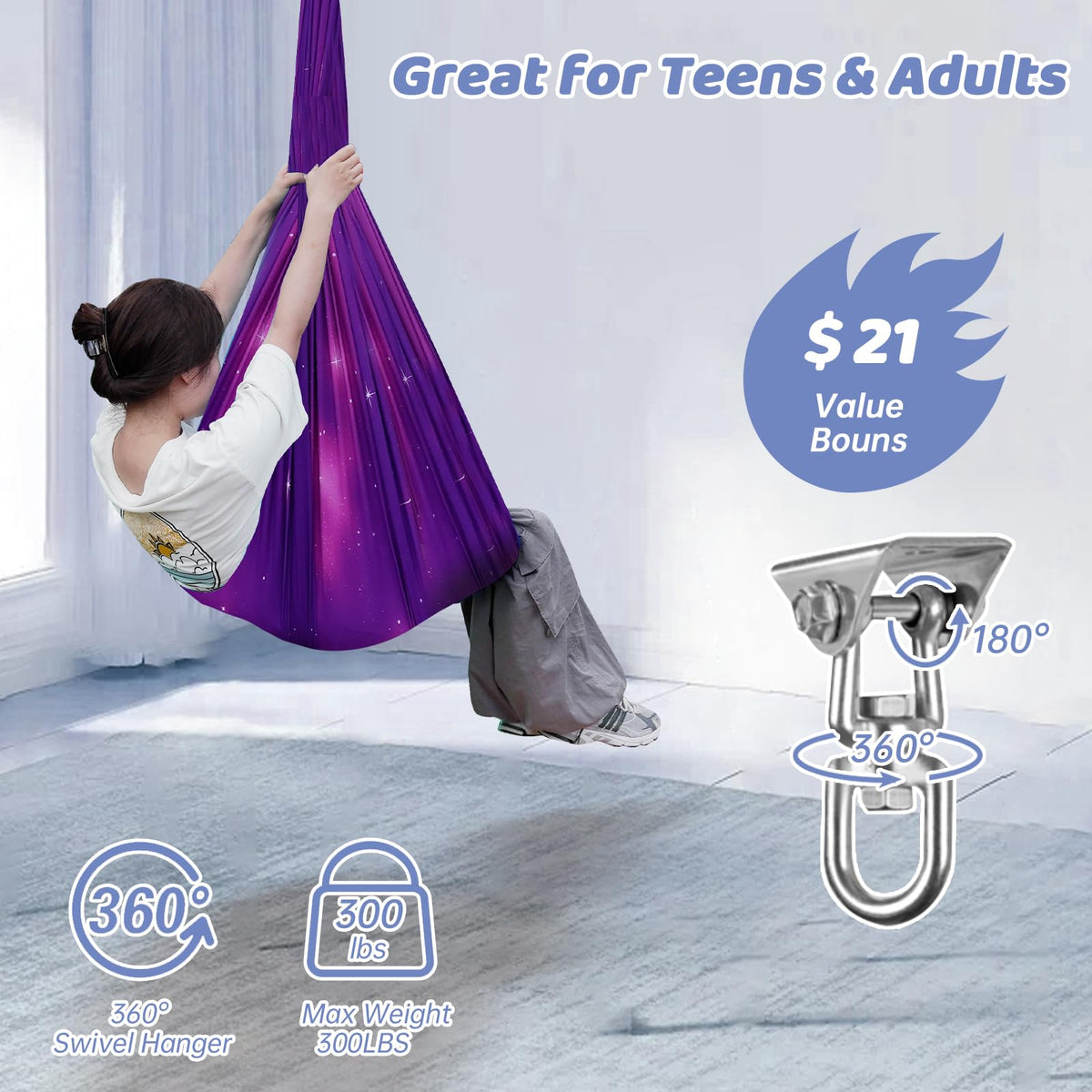 Aokitec Sensory Swing for Kids with Special Needs, Indoor Kids Swing Cuddle Hammock Chair Adjustable Aerial Swing for Children with Autism, ADHD, Asperger, Sensory Integration(Blue)