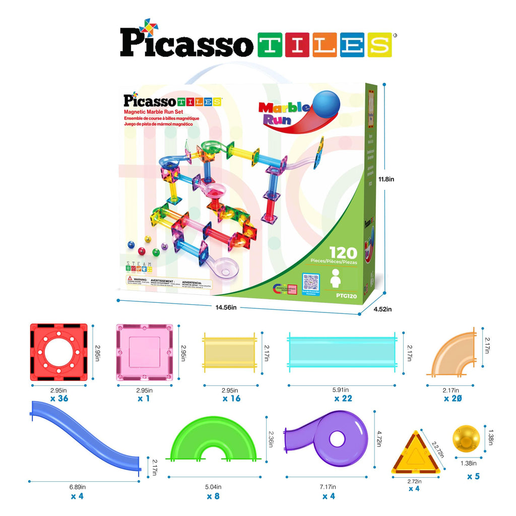 PicassoTiles 100 Piece Marble Run Magnetic Tiles Race Track STEM Ages 3+ | BPA-free ABS plastic, reinforced edges, curved slopes and U-turns, steel balls included, open-ended maze layouts, shared play