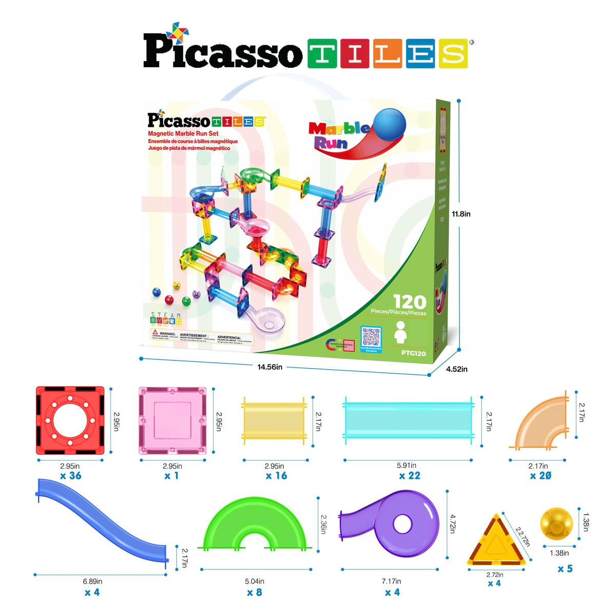 PicassoTiles 100 Piece Marble Run Magnetic Tiles Race Track STEM Ages 3+ | BPA-free ABS plastic, reinforced edges, curved slopes and U-turns, steel balls included, open-ended maze layouts, shared play