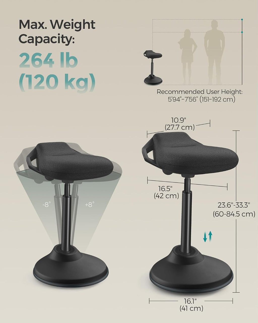 SONGMICS Ergonomic Wobble Stool, Height Adjustable Standing Desk Stool 23.6-33.3 Inches, Swivel Balance Chair with Non-Slip Base, Standing Chair, for Active Sitting, Office, Home, Ink Black UOSC02BK
