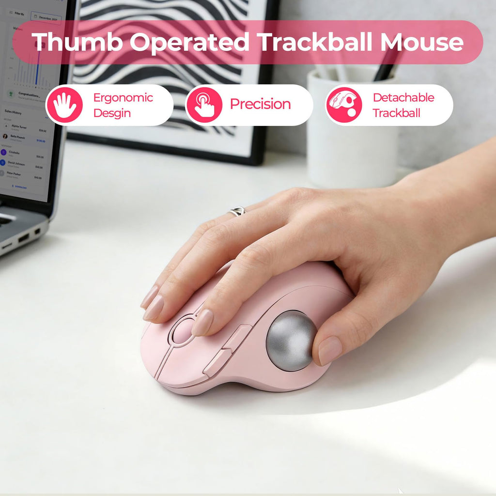 seenda Wireless Trackball Mouse, Ergonomic Bluetooth Rollerball Mouse Rechargeable, 3 Device Connection Optical Mice Adjustable DPI Thumb Control Mice Compatible for PC/Laptop/Windows/Mac - Pink