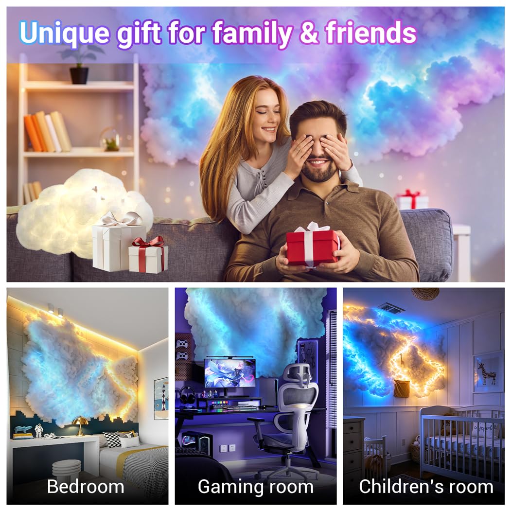 FUSLITE , 3D Thundercloud LED Light Cotton Lightning Cloud Colorful Atmosphere Night Light, DIY Creative Cloud Lights Gaming Room Garage Club Bar dj Party Light,16 Feet