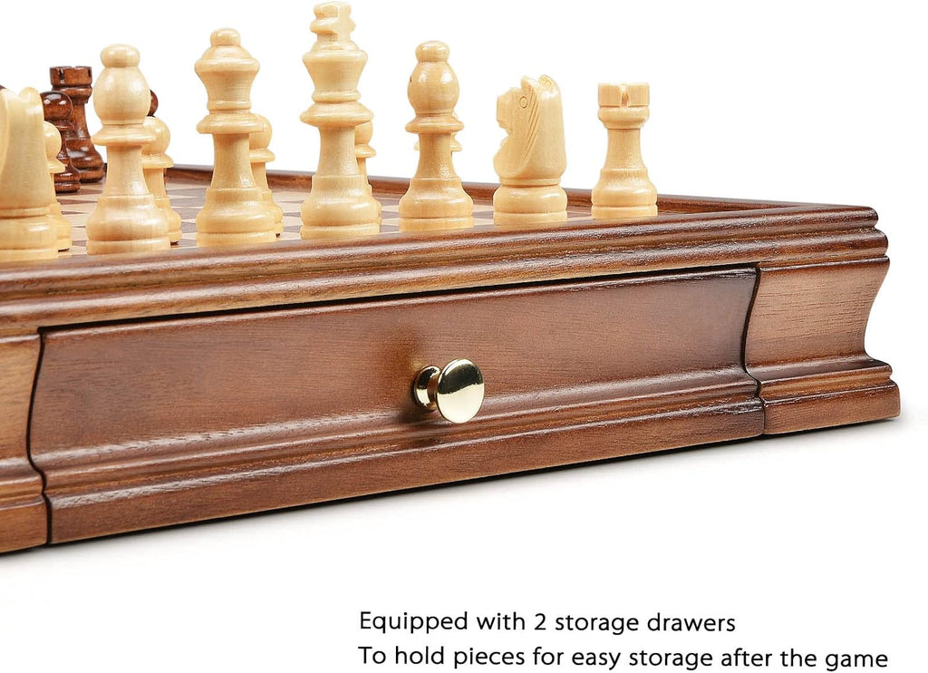 AMEROUS 12.8" x 12.8" Magnetic Wooden Chess Set with 2 Built-in Storage Drawers - 2 Bonus Extra Queens - Gift Packaging - Staunton Chess Pieces, Board Games Chess Sets for Adults and Kids