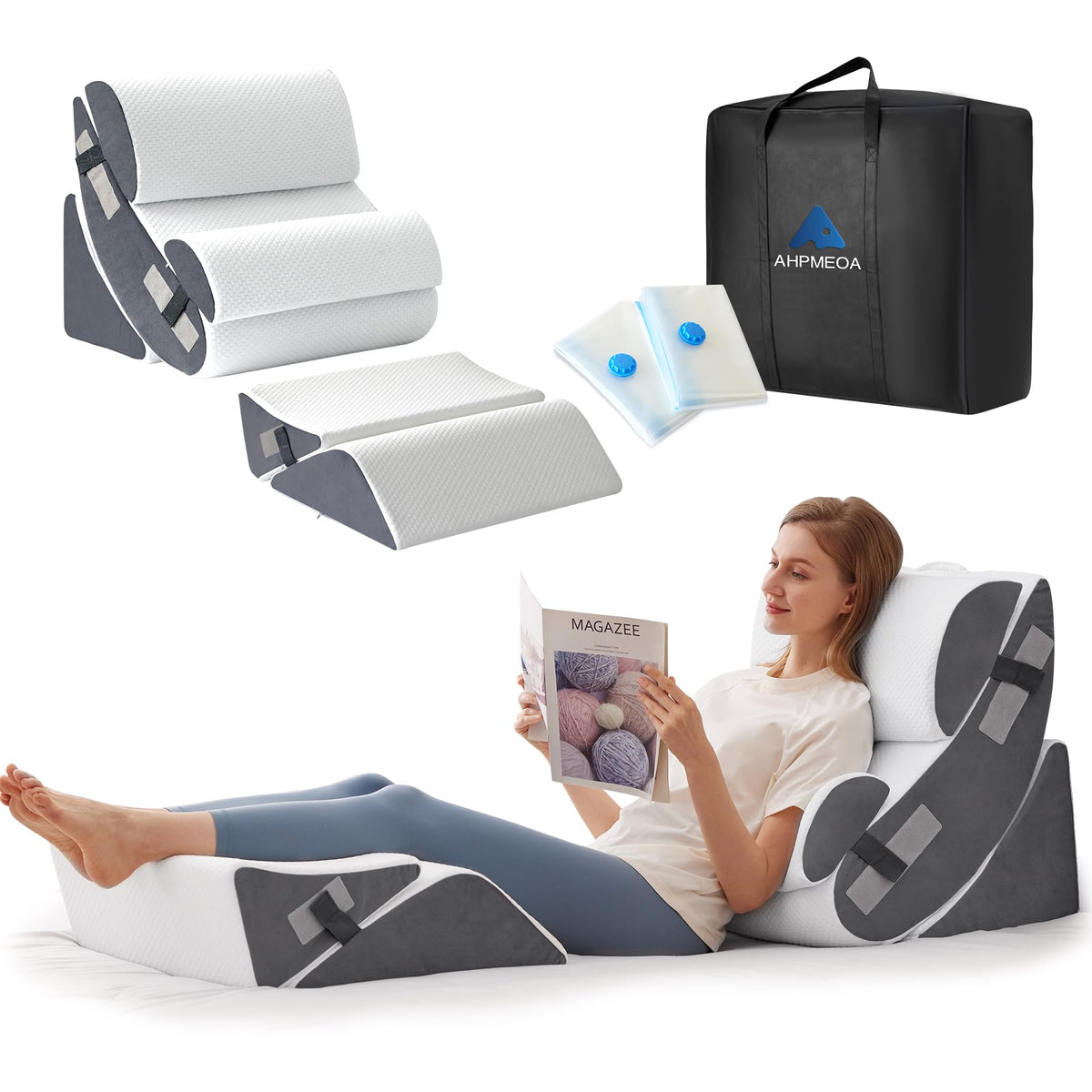 Ahpmeoa 6PCS Wedge Pillow Set for After Surgery, Orthopedic Bed Wedge Pillow for Headboard, Memory Foam Back Pillow for Bed Sitting Up, Sit Up Pillow for Acid Reflux Relief, GERD, Anti Snoring (White)