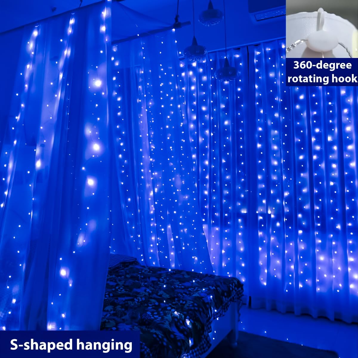 ZSJWL 300 LED Curtain Fairy Lights with Remote, 8 Modes 9.8 × 9.8 Ft Curtain String Light USB Plug in, Twinkle Silver Wire Lights for Bedroom Window Chrismas Wedding Party, Warm White