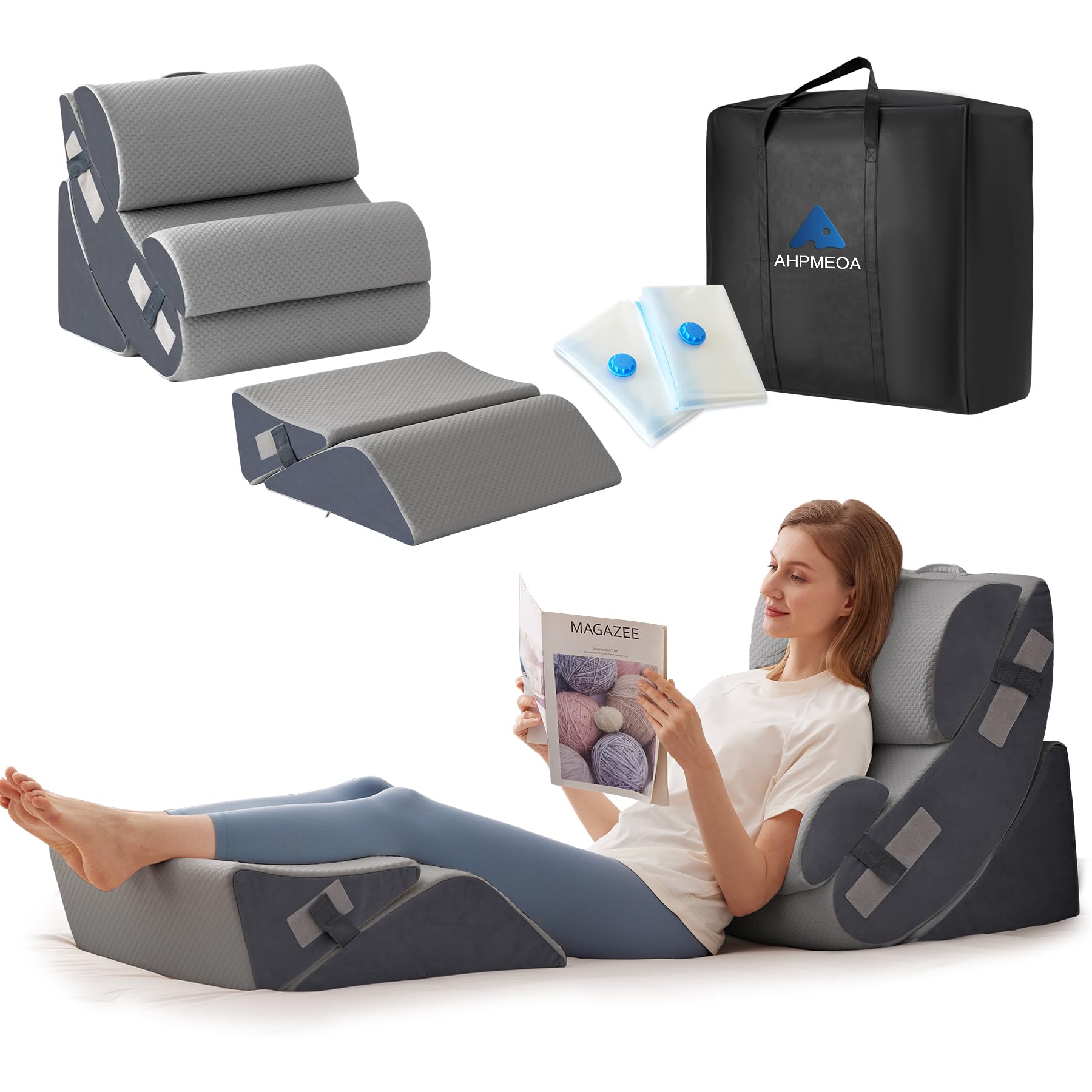 Ahpmeoa 6PCS Wedge Pillow Set for After Surgery, Orthopedic Bed Wedge Pillow for Headboard, Memory Foam Back Pillow for Bed Sitting Up, Sit Up Pillow for Acid Reflux Relief, GERD, Anti Snoring (White)